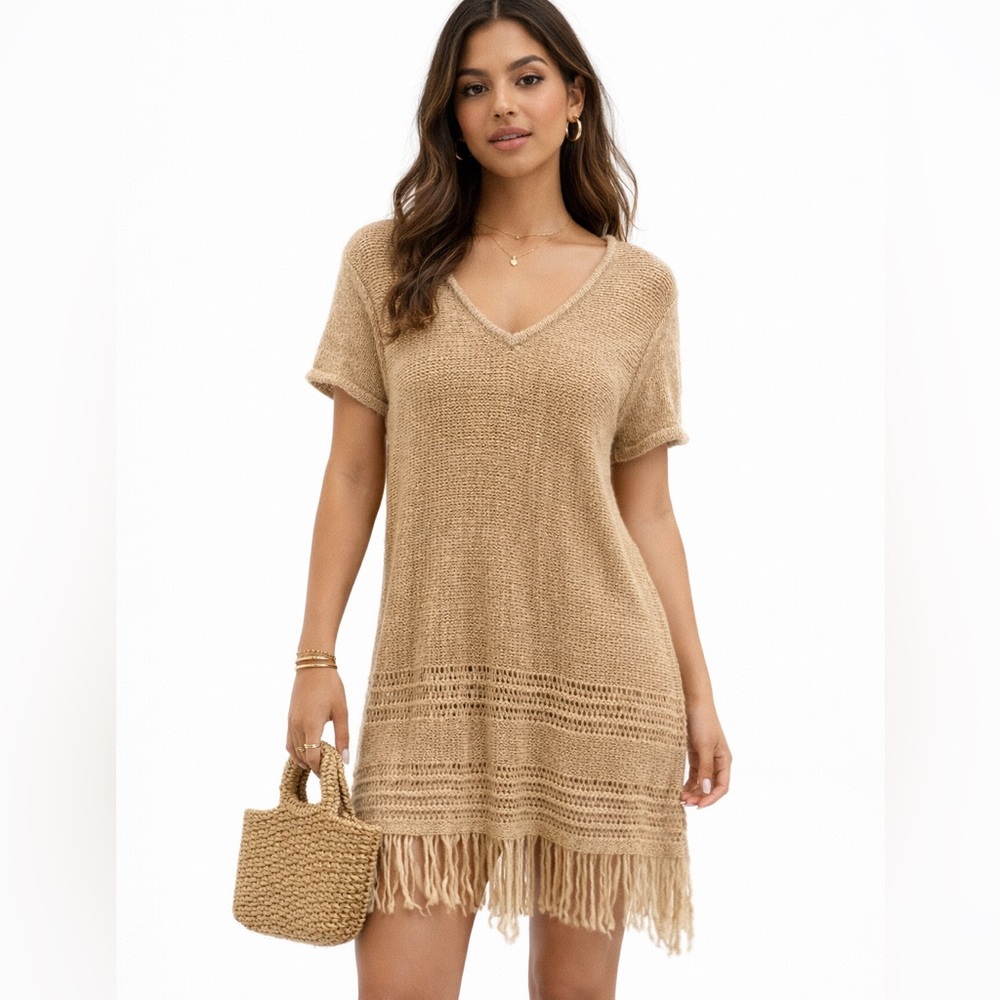Light Tan Knitwear Boho Dress Medium Vacation Dress Fringes Trail Ride Resort